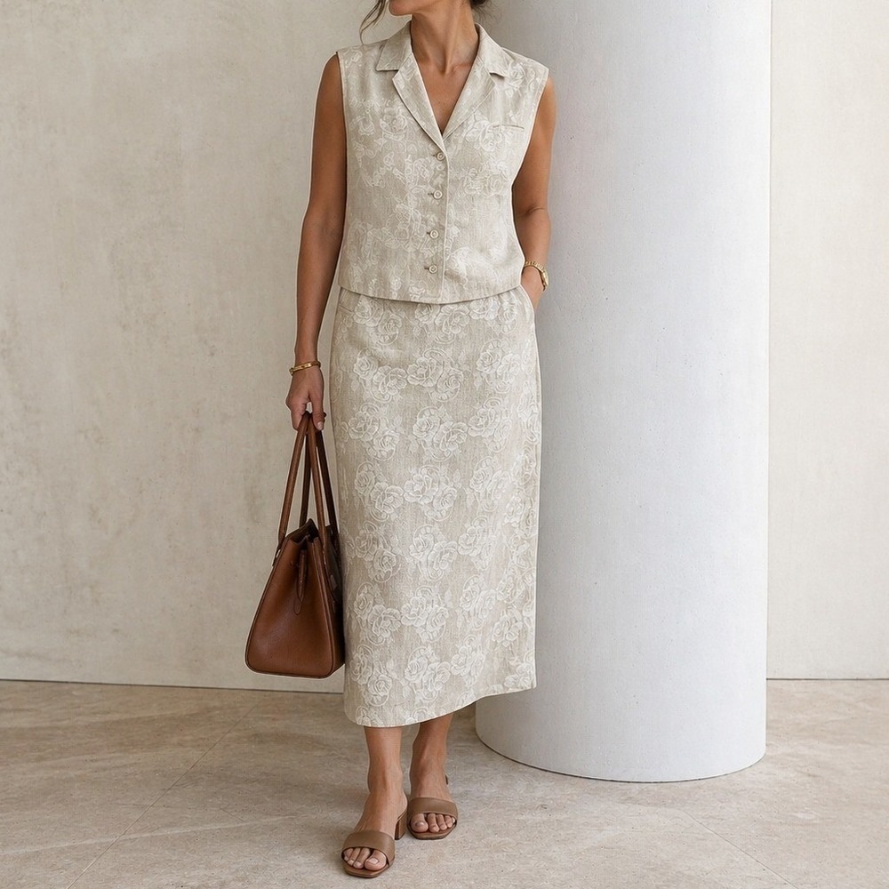 Vintage 90s Harve Benard Linen Blend Skirt Suit Set Minimalist Floral‎ Size 10